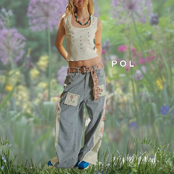 POL Floral Embroidered Mauve & Soft Rose Natural Cotton Twill Fabric Wide Belt - Picture 6 of 8